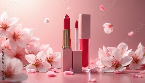 Luxury pink lipstick and lip gloss sit among delicate cherry blossoms. Pink petals fall softly, creating a romantic spring mood. Elegant beauty products for makeup.