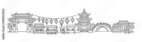 Chinatown street skyline with traditional gates lanterns market stalls pagoda and arched bridge for cultural festival banner and background design