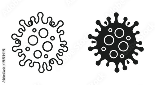 Coronavirus icon set with outline and solid glyph styles, virus cell symbol, white background