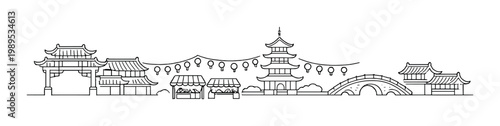 Minimalist festival skyline with chinese pagoda bridge and market stalls background for lantern celebration banner poster and web design