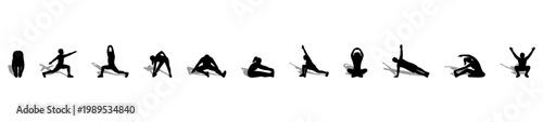 People Exercising and Stretching Silhouette Vector Set, Side Elevation Solid Black Fitness Figures for Architectural Plans and Athletic Site Analysis