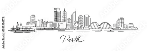 Perth city skyline concept with elizabeth quay bridges and modern waterfront buildings monochrome line art for design, poster, background