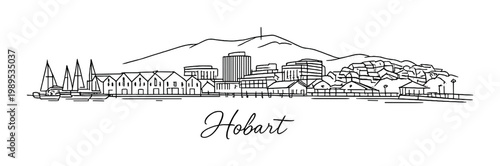 Dark hobart skyline cityscape with line art harbor and mountain silhouette for minimalist background and travel poster design