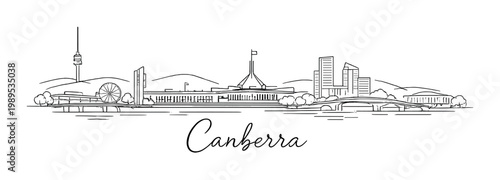 Canberra skyline line art minimalist monochrome capital cityscape background for design poster card banner civic branding and layout