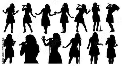 Female Singer Silhouettes Set: Diverse Poses with Microphones