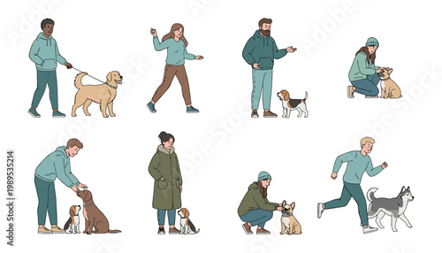 A vibrant collection of people enjoying various activities with their diverse dog companions outdoors.