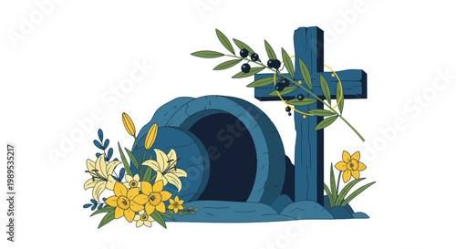 Empty Tomb, Cross, Olive Branch, and Easter Lilies - Resurrection Symbol
