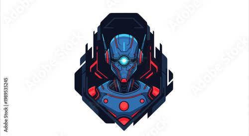 Futuristic Robot Emblem, Pixel Art Sci-Fi Character Portrait