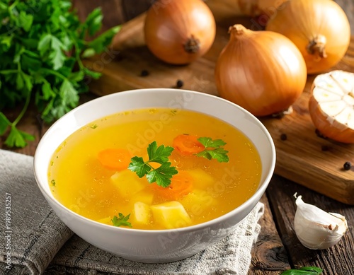 Golden Vegetable Broth With Carrots And Potatoes In A White Ceramic Bowl Served On A Rustic Wooden Table With Fresh Onions Garlic And Parsley