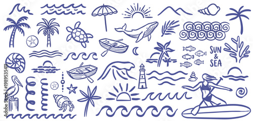 Hand Drawn Blue Summer Beach Doodles Set with Tropical Palms, Sea Waves, Marine Life, and Coastal Icons on White Background