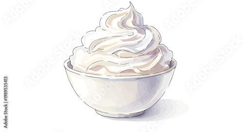 Whipped cream in a bowl, isolated on white, dessert topping, sweet treat