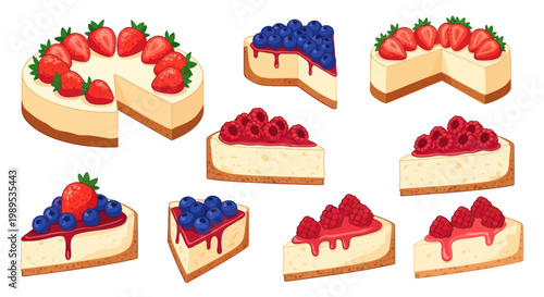 Assorted Berry Cheesecakes Collection: Strawberry, Blueberry, Raspberry Slices