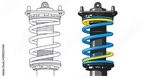 Automotive Suspension Coilover System: Line Art and Realistic Illustration