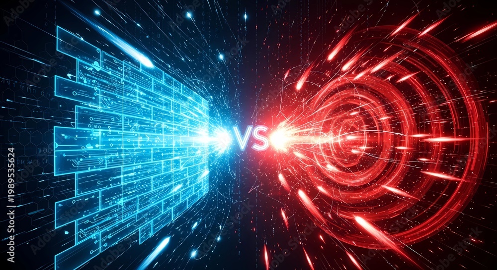 Fototapeta premium Cyber attack visualization with glowing red energy piercing through a cyan digital firewall and scattered data particles.