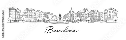Barcelona city square skyline line sketch with fountain and trees for poster, card and background urban design