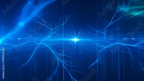 Blue light abstract background with digital network, glowing line energy connection, neon branch light effect on dark background, futuristic digital art scene with cyan, purple, green glow