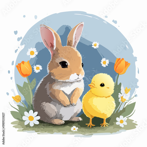 Frühling – Babyhase & Küken im Blumenfeld