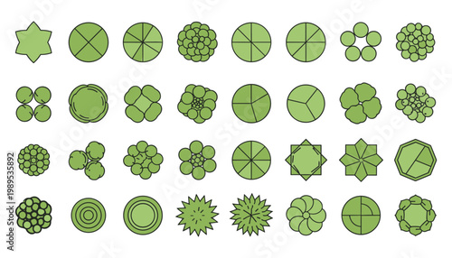 A diverse collection of green abstract top-down symbols represents various trees and plants for architectural plans.