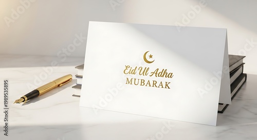 Eid Ul Adha Mubarak greeting card with gold pen on white background