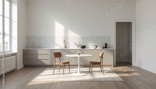 Interior design of a minimalist dining area featuring a round table and two chairs in a bright, naturally lit room with wooden flooring