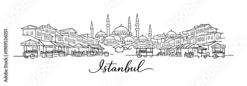 Istanbul skyline with mosques and market stalls line art for travel poster card banner and background design