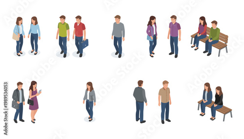 A set of isometric vector illustrations displays diverse people walking, standing, and sitting in casual poses.