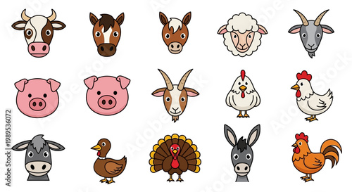 Colorful cartoon illustrations of various farm animals arranged in rows