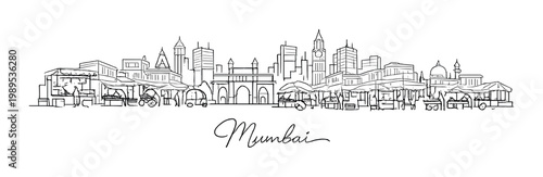 Mumbai city skyline with street market stalls and iconic landmarks for travel poster, greeting card and background design