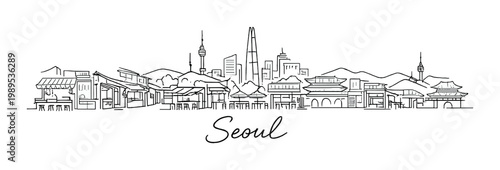 Seoul city skyline with traditional market stalls and modern towers for travel poster, greeting card and urban background design