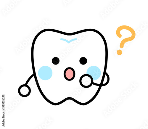 疑問に思う歯のキャラクターのイラスト　ハテナ