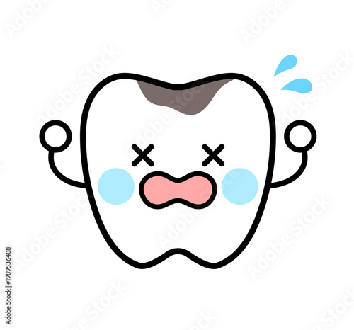 虫歯がある歯のキャラクターのイラスト　痛い　汚れ