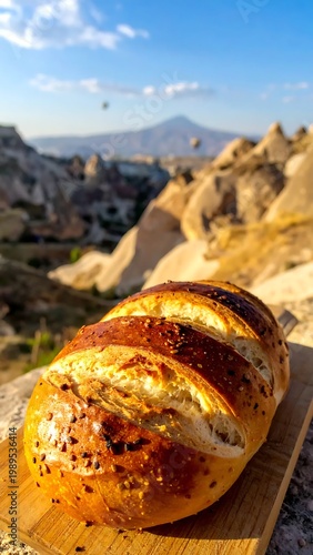 Freshly Baked Artisan Bread On Wooden Board With Scenic Cappadocia Mountain Landscape Background In Warm Sunlight