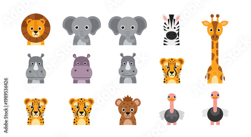 Cartoon illustration of various african animals in a grid layout