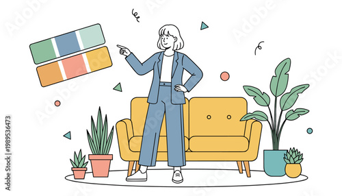 A stylish interior designer stands confidently in a modern living room, pointing towards floating color palette options.
