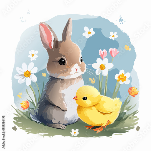 Frühling – Babyhase & Küken im Blumenfeld