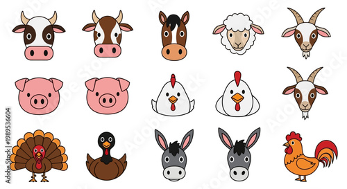 Colorful cartoon illustrations of various farm animals displayed in a grid