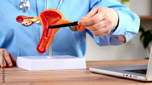 Medical professional wears blue coat and holds black pen. They point to a 3D female reproductive anatomy model. Red and orange structure sits on a white base