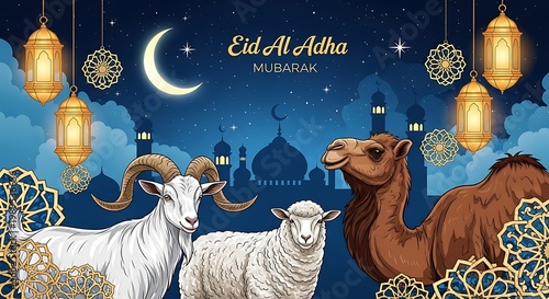 Eid Al Adha Mubarak, goat, sheep, camel, Islamic festival, sacrifice, mosque, lanterns, crescent moon