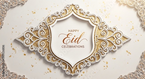 Elegant gold Eid Mubarak greeting card with ornate frame and festive confetti background