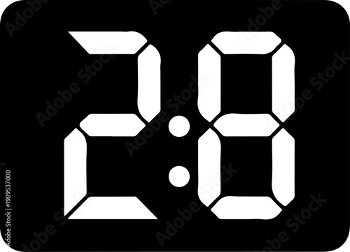 Digital clock display, white on black, 2:8 time, LCD screen, vector icon
