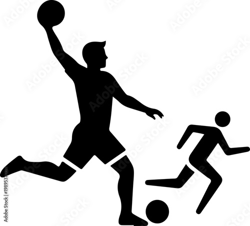 Black silhouette sports icons, athletic vector graphics, dynamic player illustrations, handball and soccer players