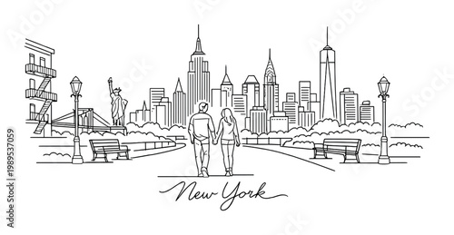 New york romantic couple stroll skyline background for design card poster and urban travel layout featuring statue of liberty waterfront bridge and city lights minimalism concept