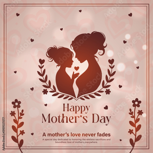 happy mother’s day elegant floral silhouette design, mother and daughter love greeting card template, soft pink mother’s day background with hearts, beautiful motherhood illustration for greeting card