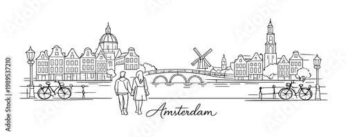 Romantic travel amsterdam city skyline background with canal bridge and windmill for design card poster background and urban travel artwork