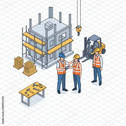 Construction workers in safety vests and hard hats collaborating on a building site with scaffolding, a forklift, and tools.