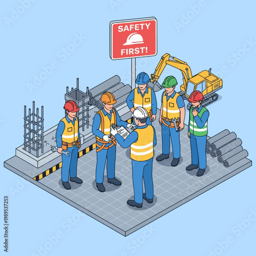 Isometric illustration of construction workers having a safety briefing on a job site with an excavator and building materials.