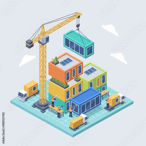 Isometric view of modular building construction site with crane and workers assembling prefabricated houses.
