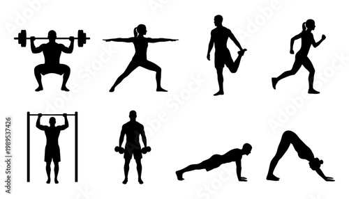 Eight distinct black silhouettes illustrating various dynamic fitness and athletic exercises against a white background.