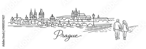 Romantic travel prague city skyline background with charles bridge and gothic towers for design card poster background and historic travel artwork