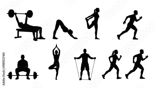 A group of black silhouettes demonstrating various fitness exercises like weightlifting, yoga, and running.